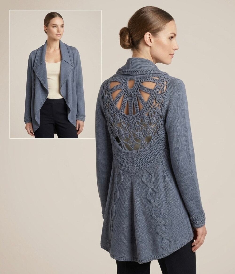 Pure Handknit Cotton Cardigan Sweater S/M Gray Open Front Waterfall Cutout Back